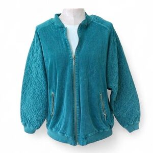 90s Catalina Turquoise Velour Quilted Zip Bomber Jacket